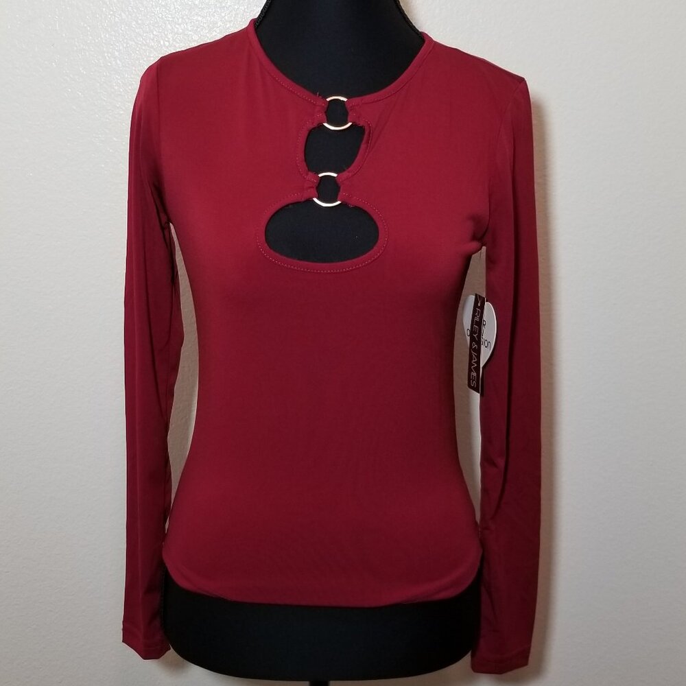 Riley &‎ James Womens Burgundy Long Sleeve Top Small Keyhole Retro Festival NWT